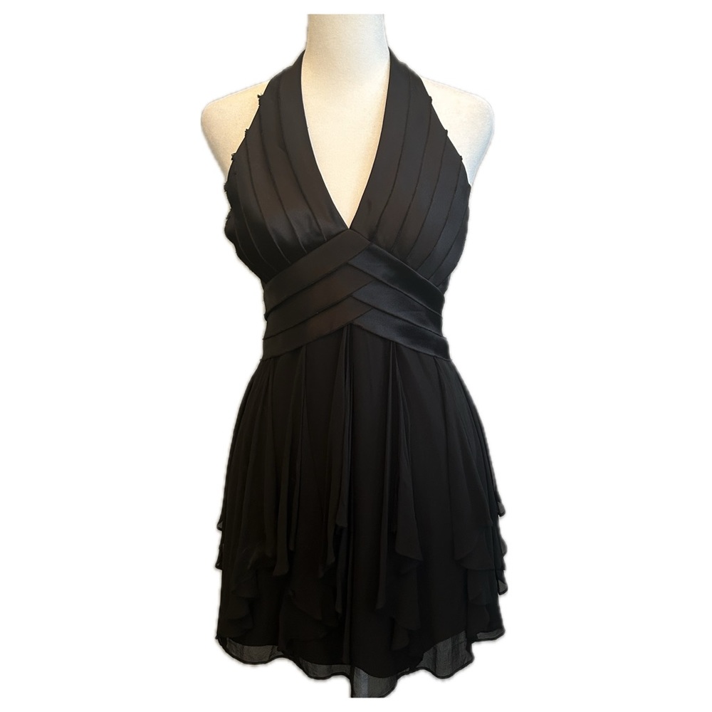 BCBG Max Azria | Satin and Chiffon Little Black Halter Dress | Size 8